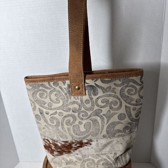 Myra Leather  Double Wine Bottle Bag Tote  Cowhide Leather Canvas - Picture 2 of 12